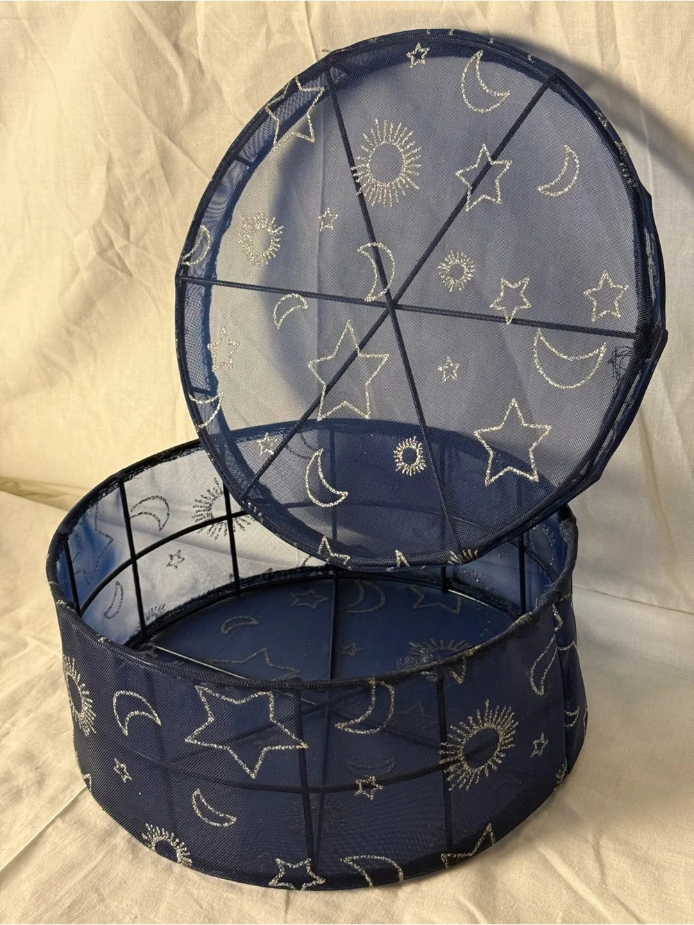 VTG Celestial Sheer Navy Star & Moon Mesh  90’s Storage Y2k Hat Box whimsical